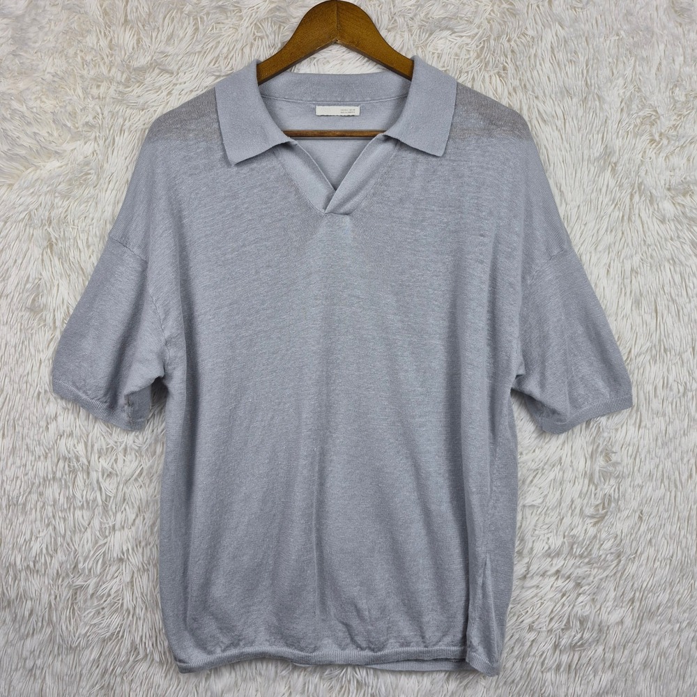 Zara Men Light Blue Grey Knit Linen Blend Polo Shirt Short Sleeve V-Neck Size L